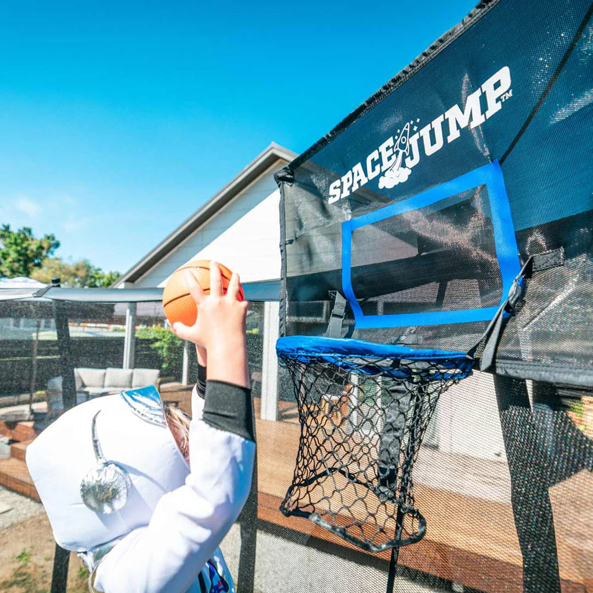 SpaceJump Lunar 8' Round Trampoline with AstroJam Basketball Hoop Attachment