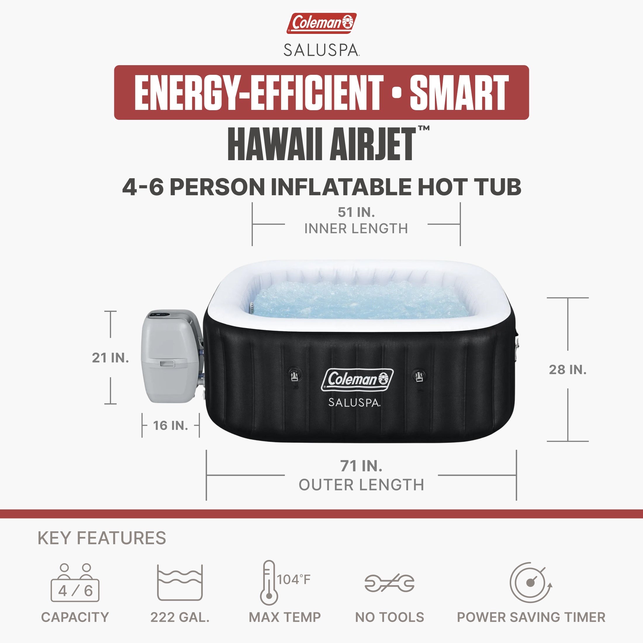 Coleman Hawaii 4-6 Person AirJet Inflatable Hot Tub w/EnergySense Cover Open Box - VMInnovations