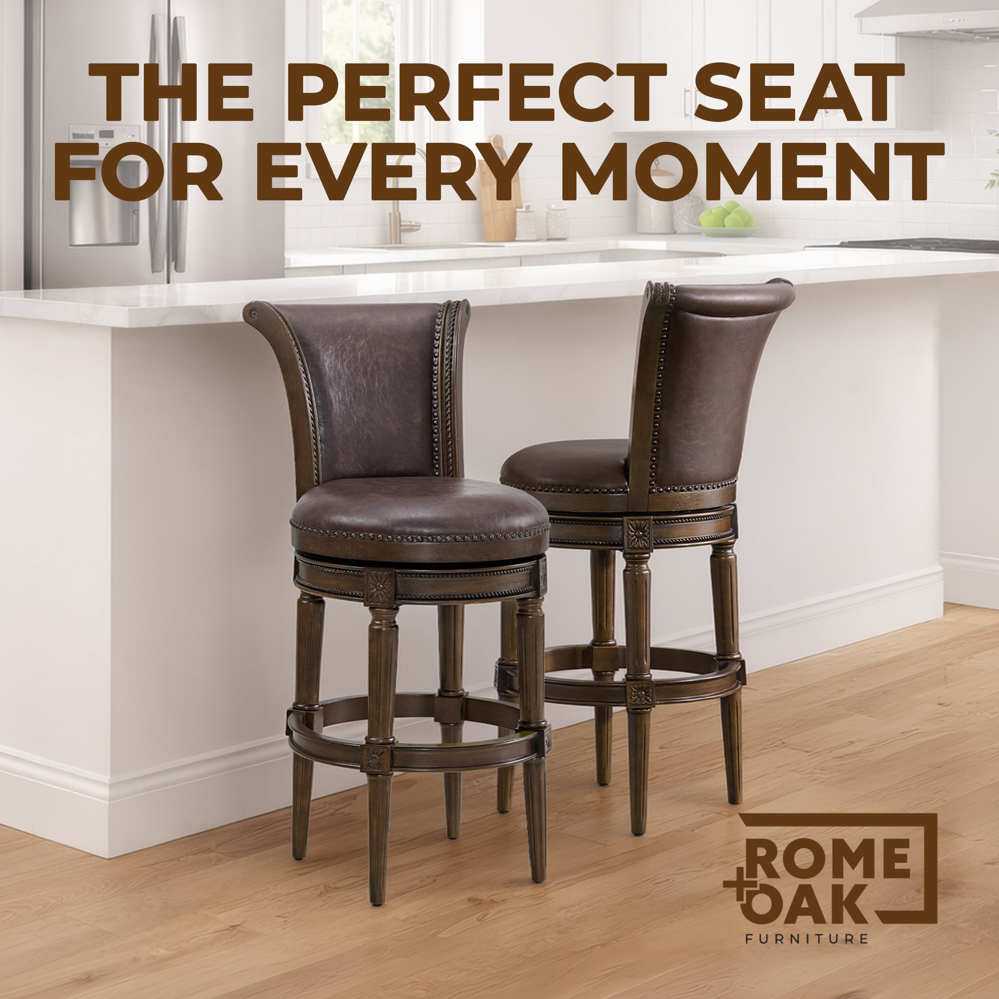 ROME + OAK Runyan Bar Stool, Dark Walnut & Vintage Brown Vegan Leather, Set of 2