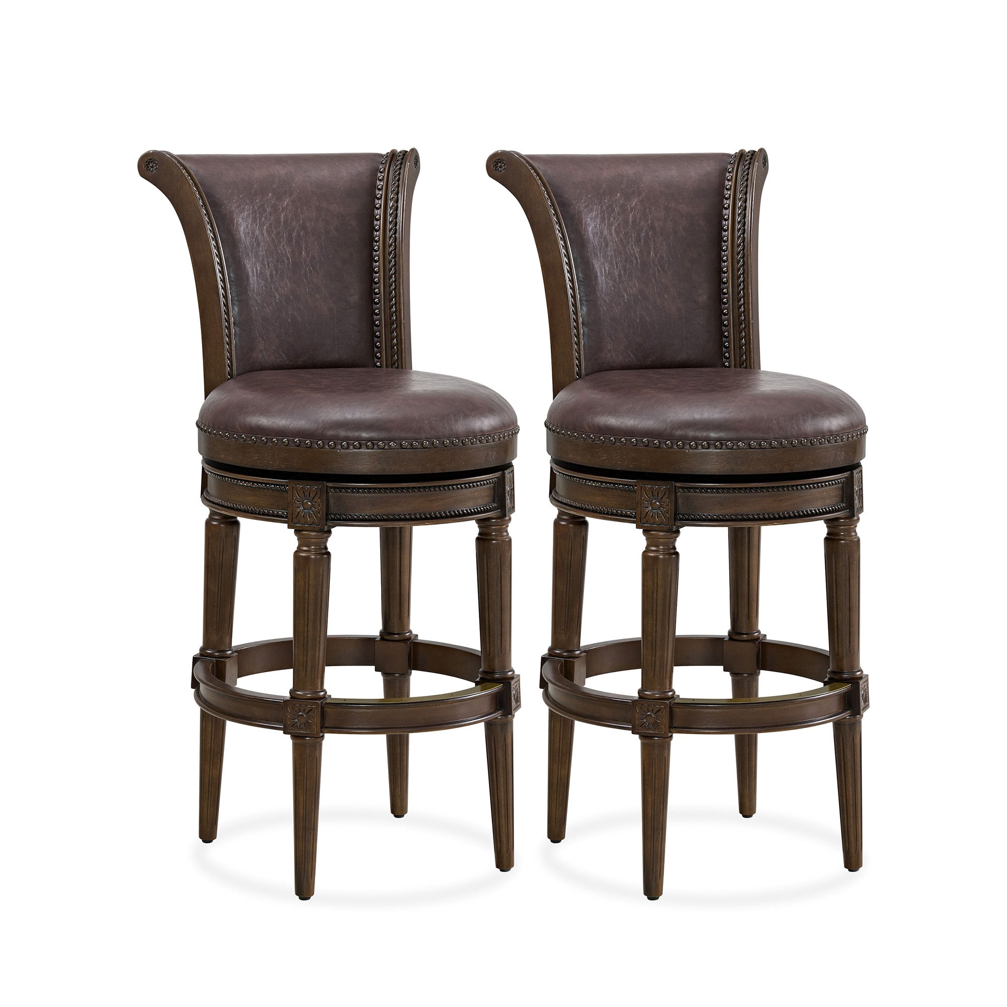 ROME + OAK Runyan Bar Stool, Dark Walnut & Vintage Brown Vegan Leather, Set of 2 - VMInnovations