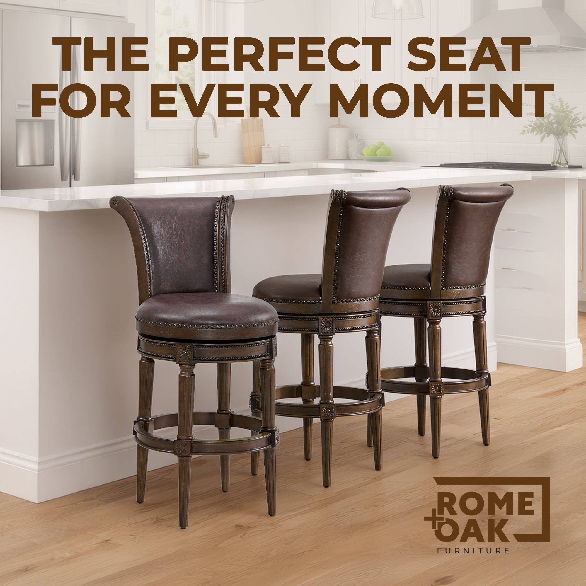 ROME + OAK Runyan Bar Stool, Dark Walnut & Vintage Brown Vegan Leather, Set of 3