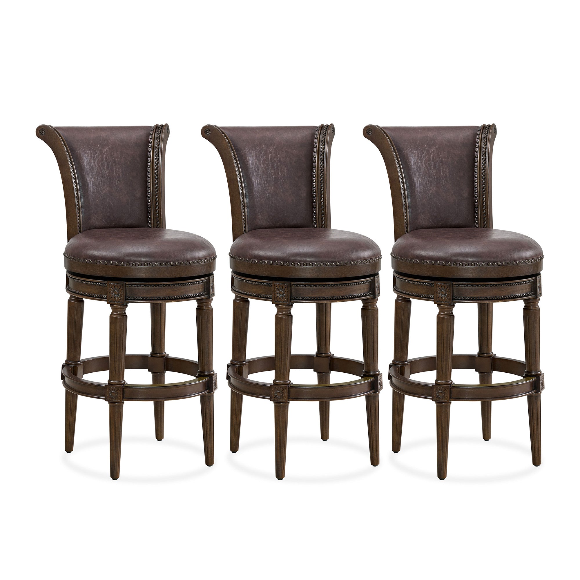 ROME + OAK Runyan Bar Stool, Dark Walnut & Vintage Brown Vegan Leather, Set of 3 - VMInnovations