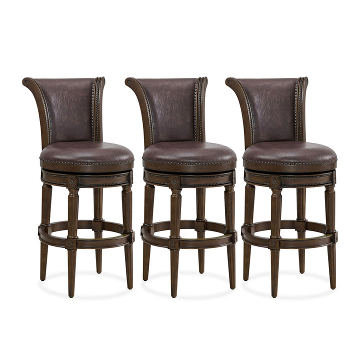 ROME + OAK Runyan Bar Stool, Dark Walnut & Vintage Brown Vegan Leather, Set of 3