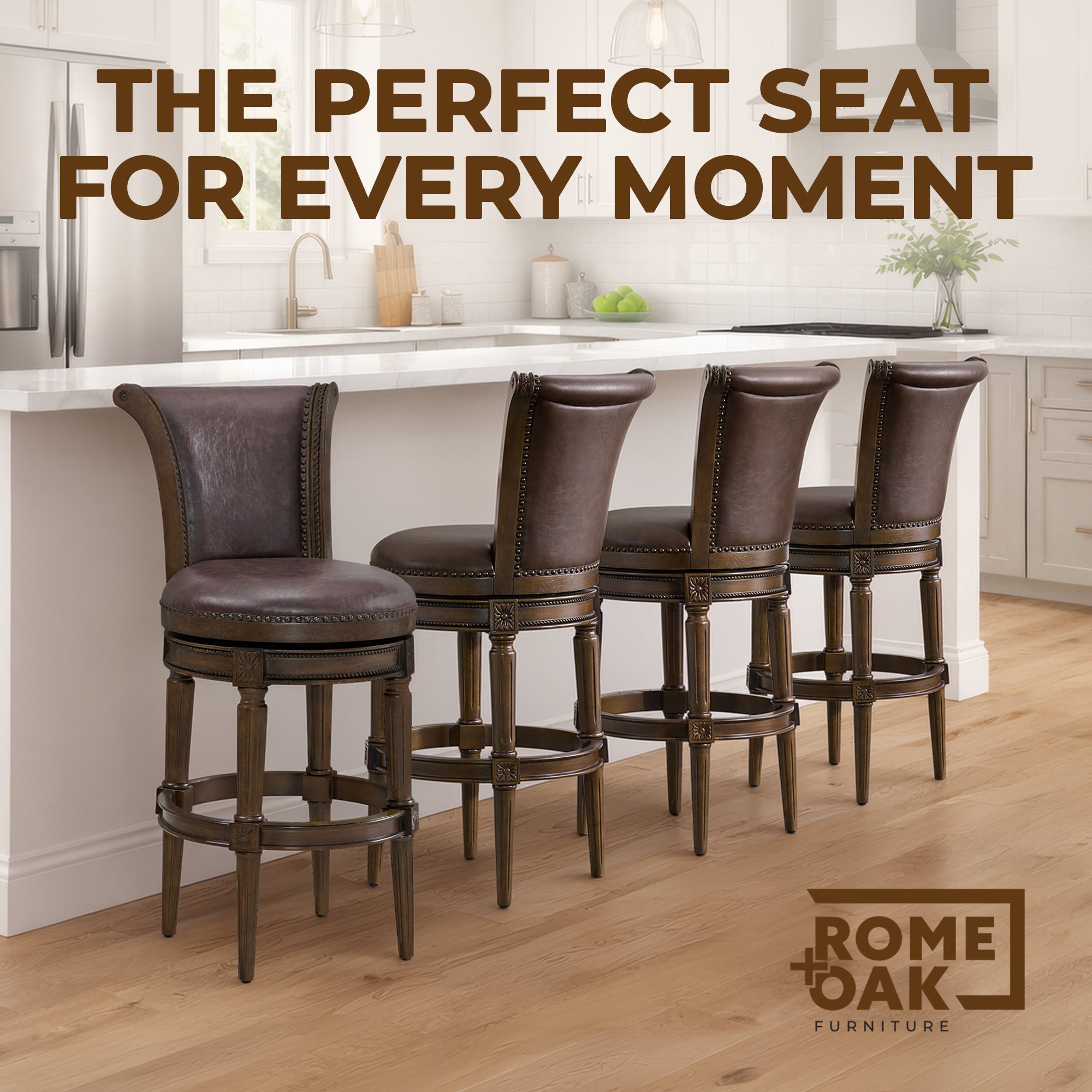 ROME + OAK Runyan Bar Stool, Dark Walnut & Vintage Brown Vegan Leather, Set of 4