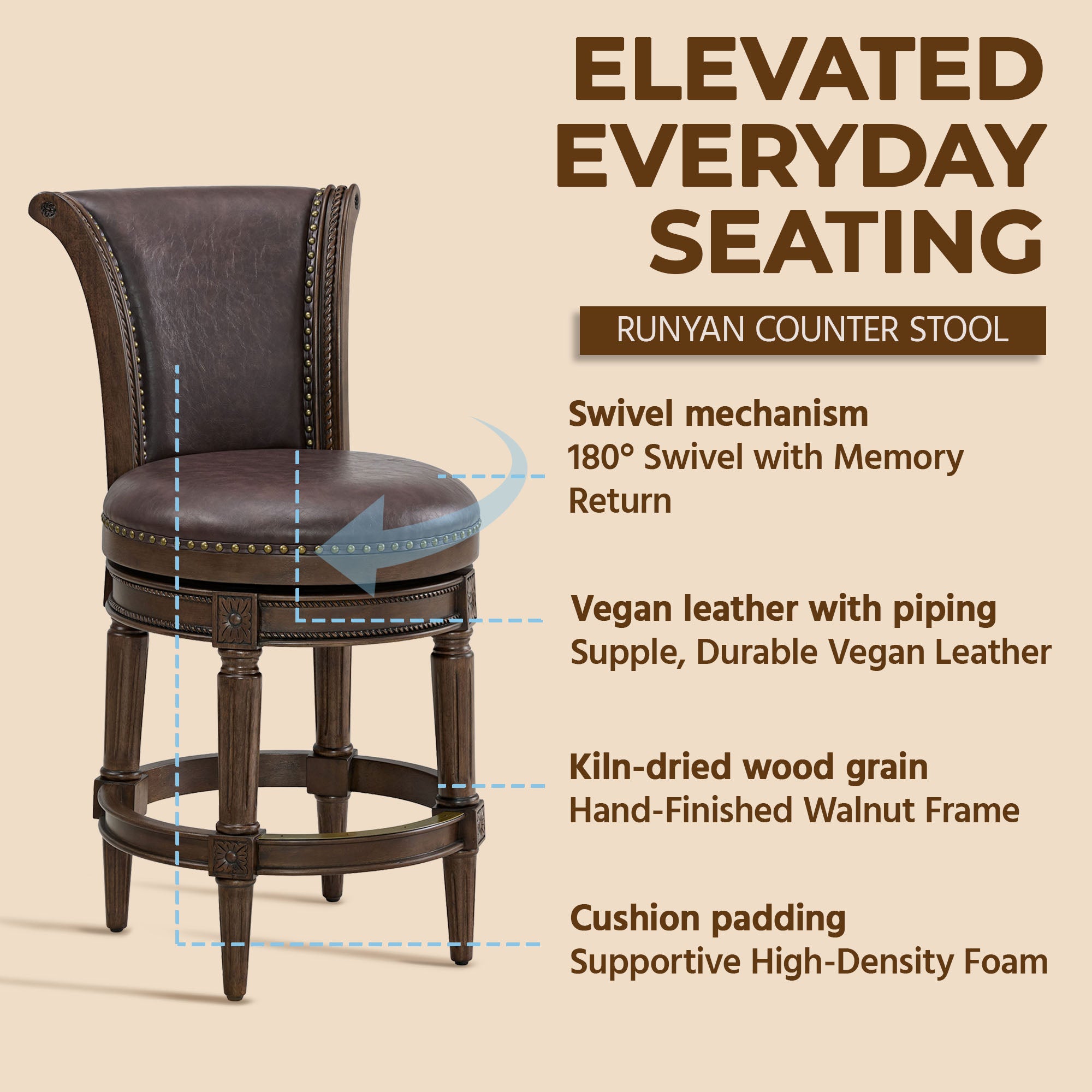 ROME + OAK Runyan Counter Stool, Dark Walnut, Vintage Brown Vegan Leather, Set of 2