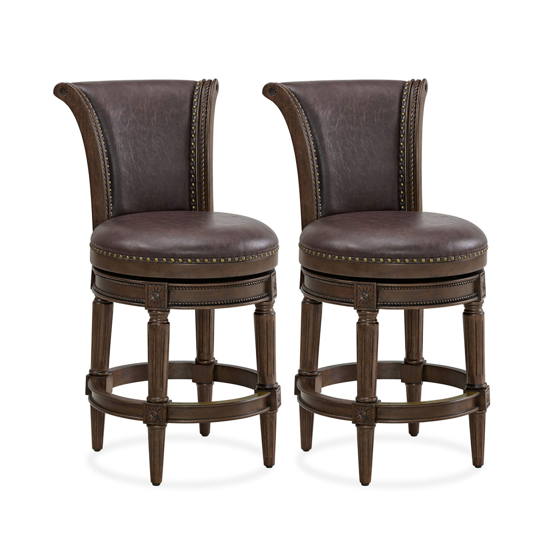 ROME + OAK Runyan Counter Stool, Dark Walnut, Vintage Brown Vegan Leather, Set of 2