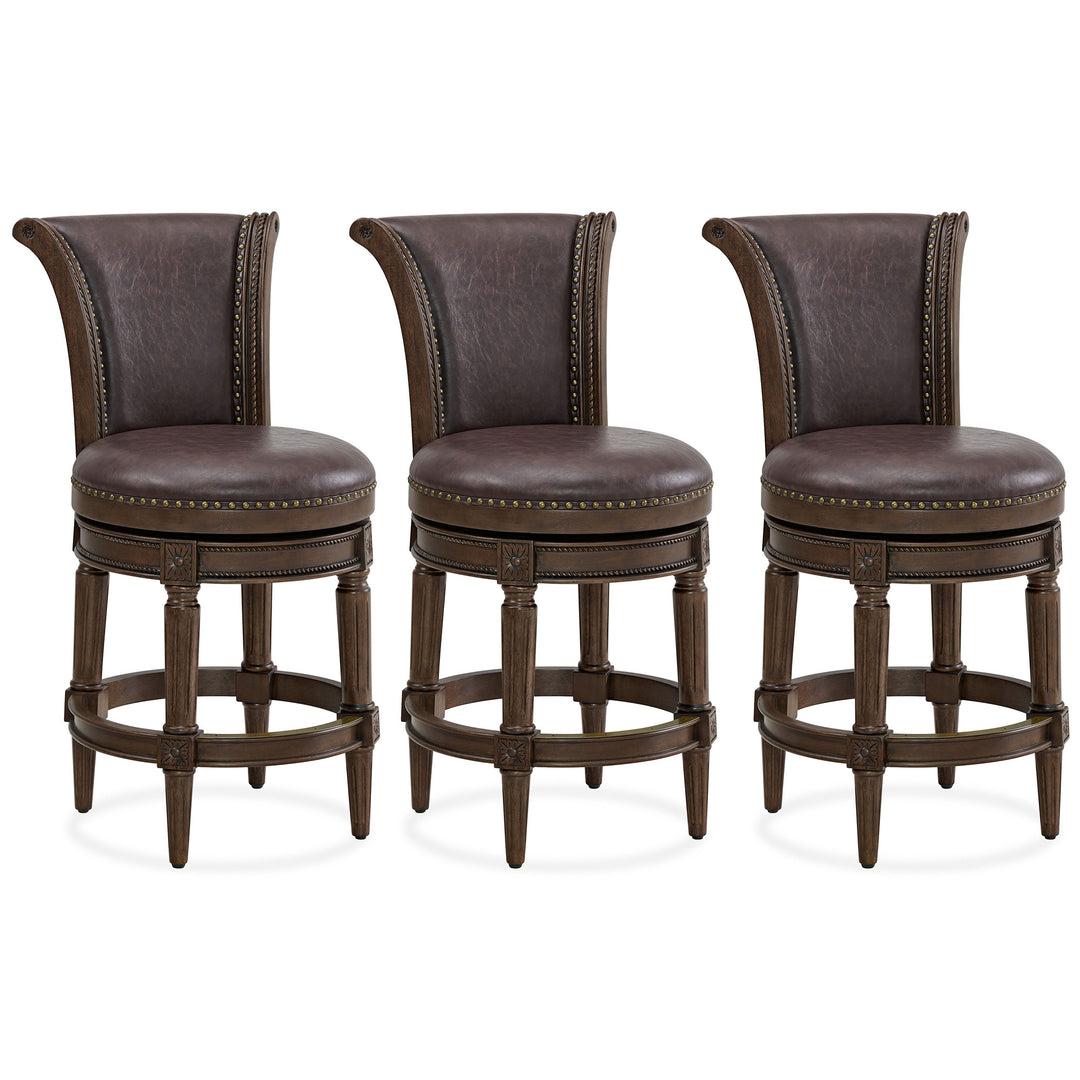 ROME + OAK Runyan Counter Stool, Dark Walnut, Vintage Brown Vegan Leather, Set of 3