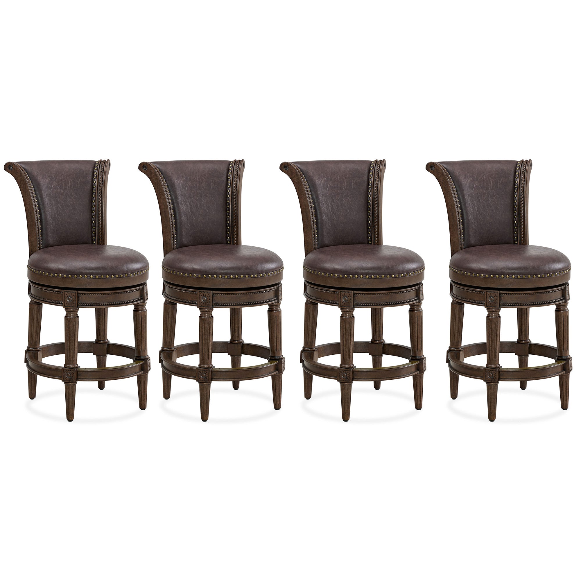 ROME + OAK Runyan Counter Stool, Dark Walnut, Vintage Brown Vegan Leather, Set of 4 - VMInnovations