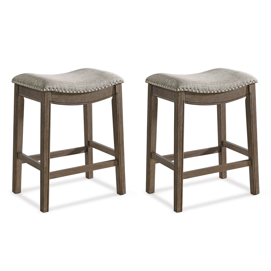 ROME + OAK Parker Backless Counter Stool, Walnut with Grey Upholstery, Set of 2