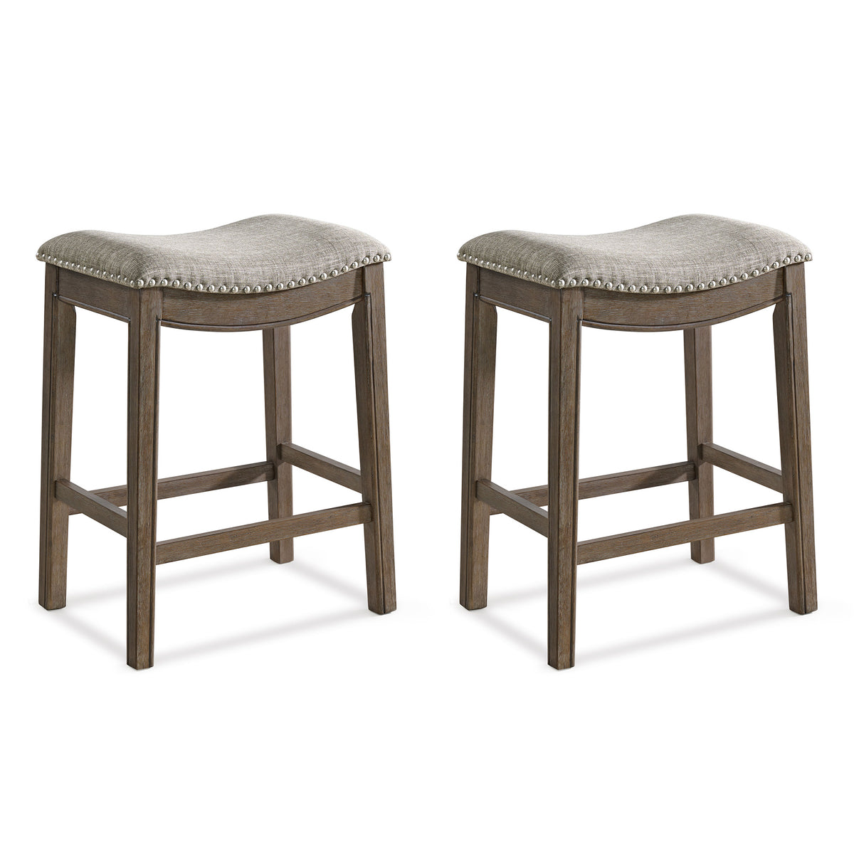 ROME + OAK Parker Backless Counter Stool, Walnut with Grey Upholstery, Set of 2