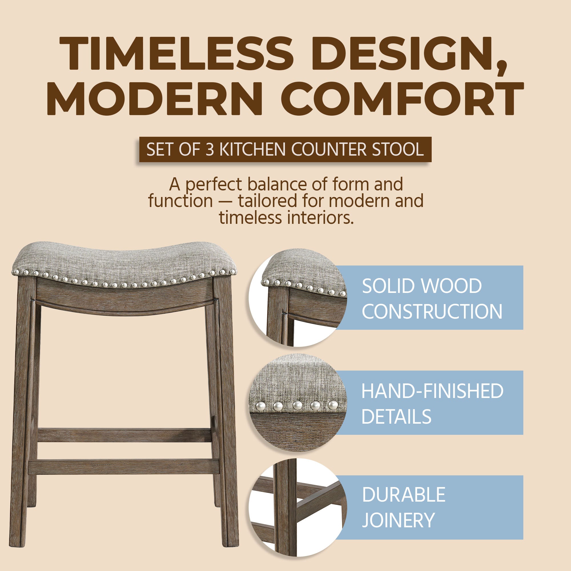ROME + OAK Parker Backless Counter Stool, Walnut with Grey Upholstery, Set of 3
