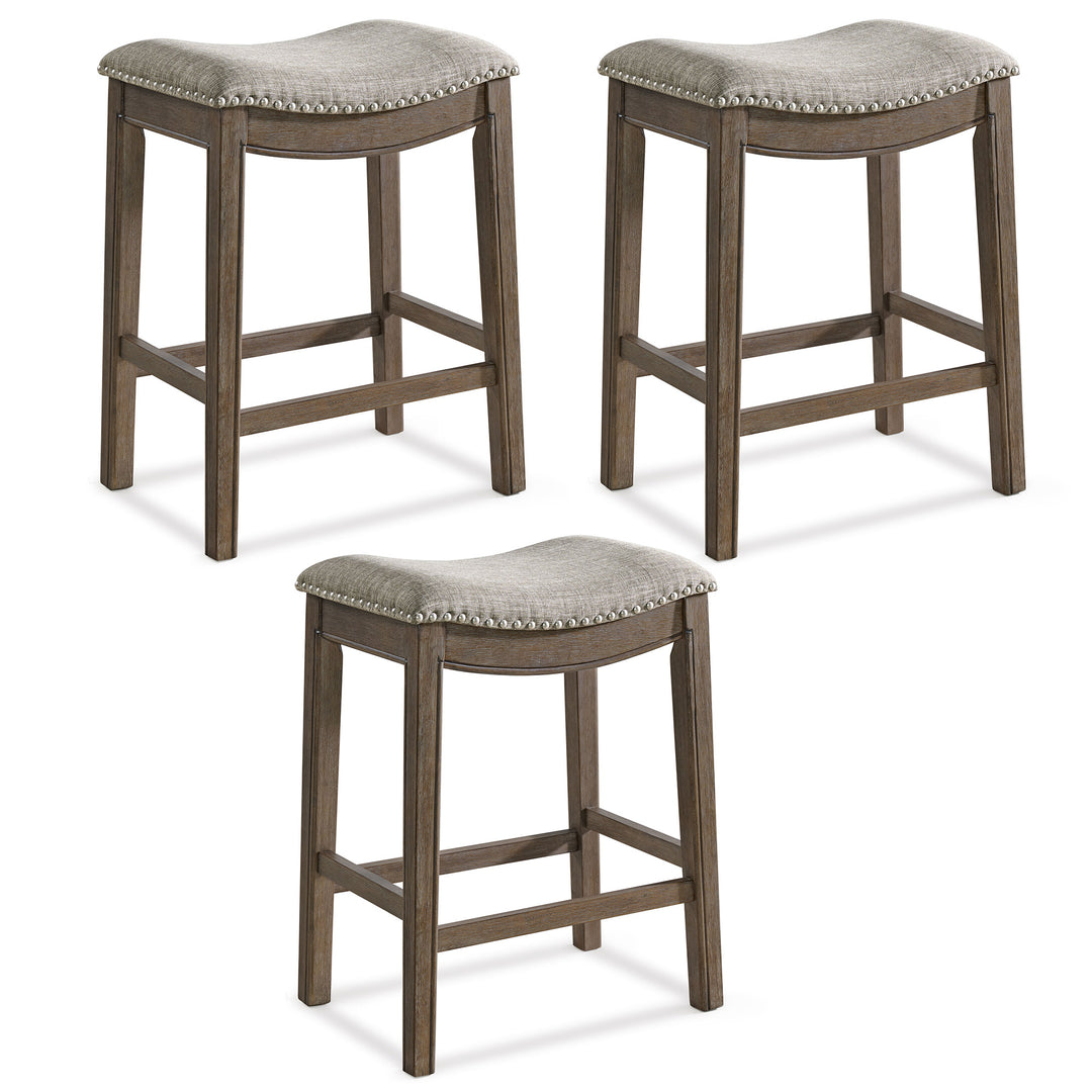 ROME + OAK Parker Backless Counter Stool, Walnut with Grey Upholstery, Set of 3