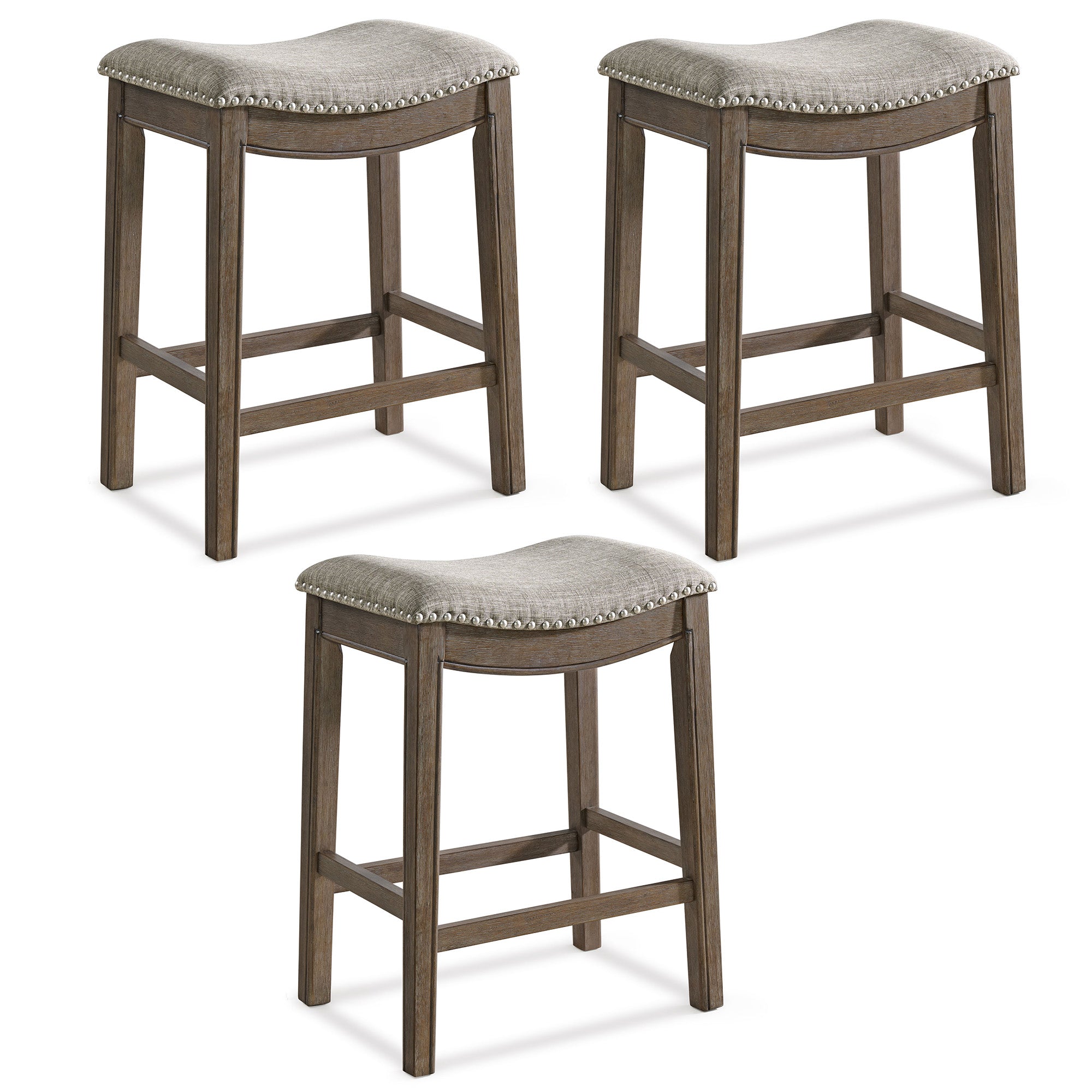 ROME + OAK Parker Backless Counter Stool, Walnut with Grey Upholstery, Set of 3 - VMInnovations
