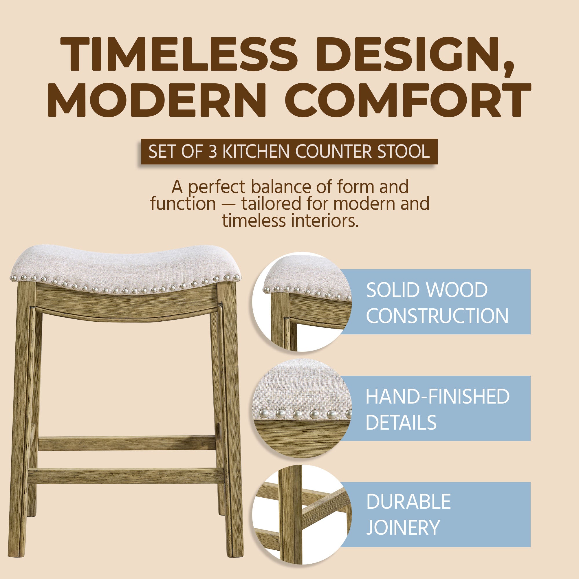 ROME + OAK Parker Backless Counter Stool, Natural with Cream Fabric, Set of 3