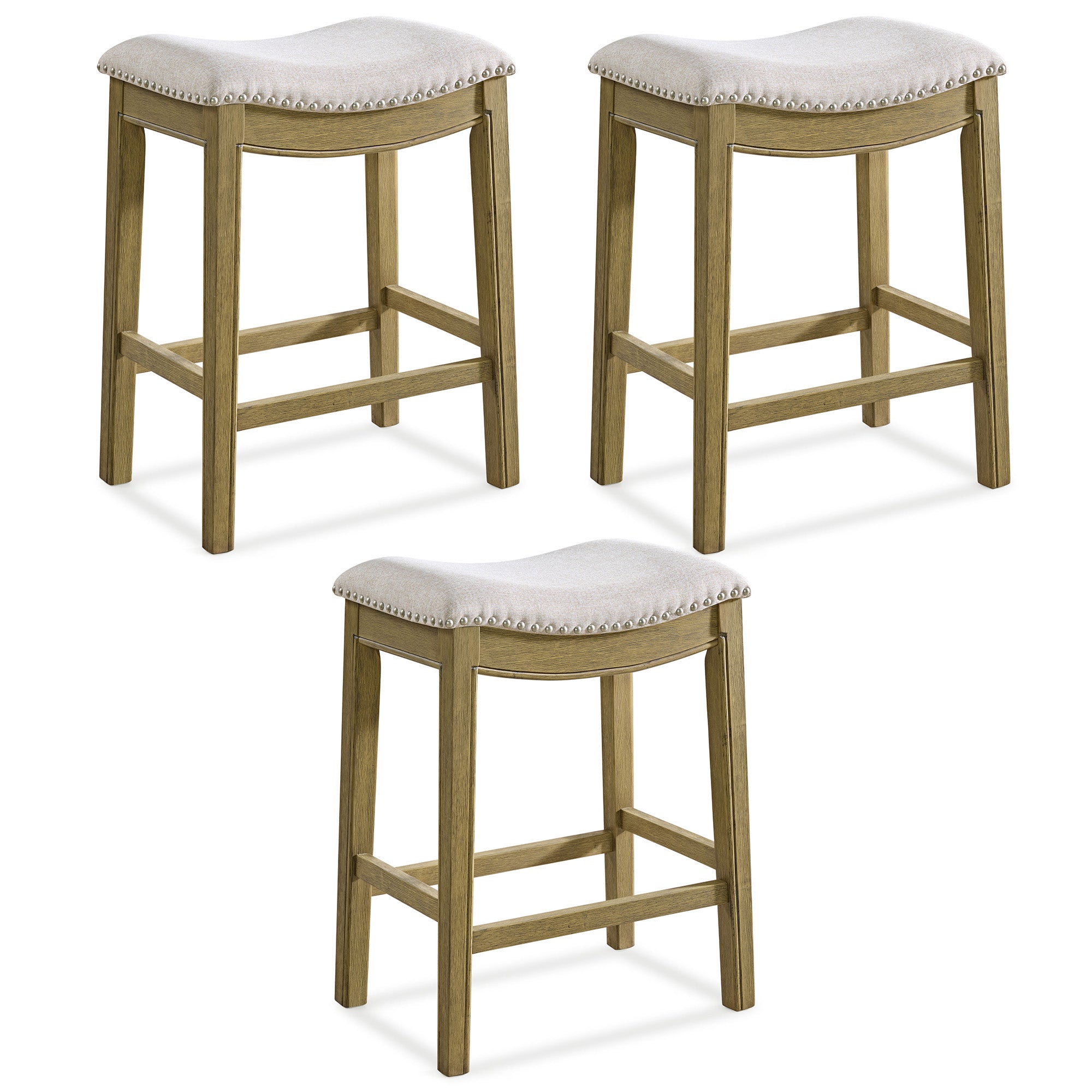 ROME + OAK Parker Backless Counter Stool, Natural with Cream Fabric, Set of 3 - VMInnovations