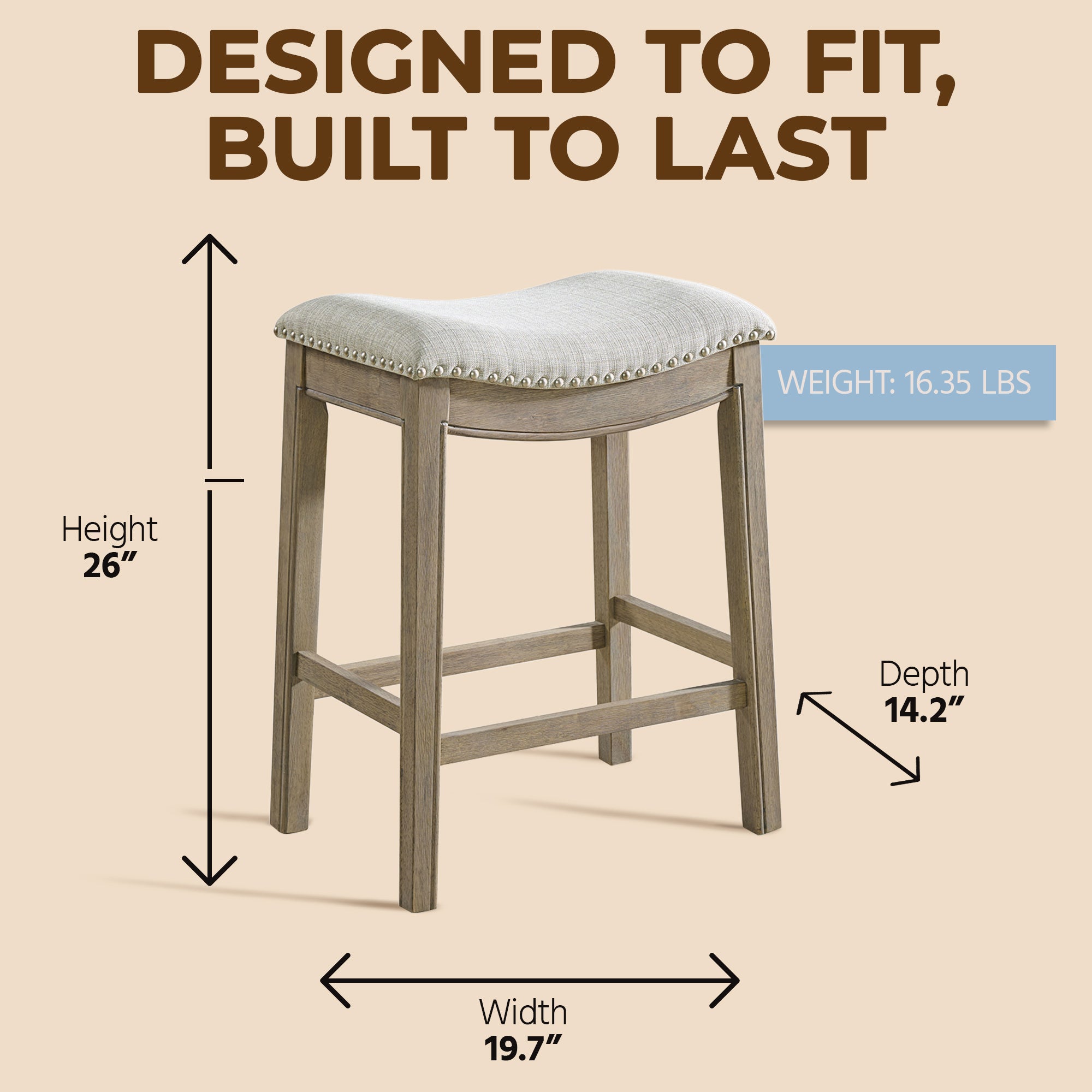 ROME + OAK Parker Backless Kitchen Counter Stool, Oak, Grey Upholstery, Set of 2