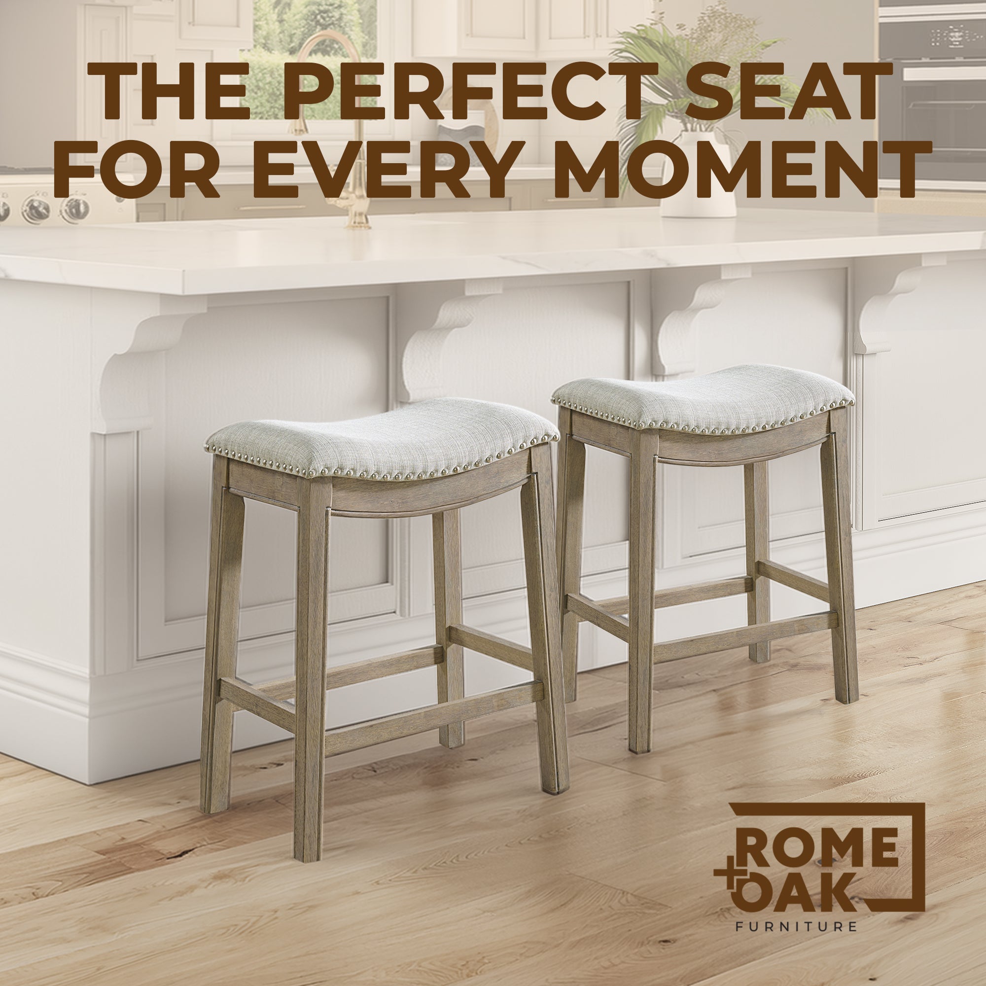 ROME + OAK Parker Backless Kitchen Counter Stool, Oak, Grey Upholstery, Set of 2