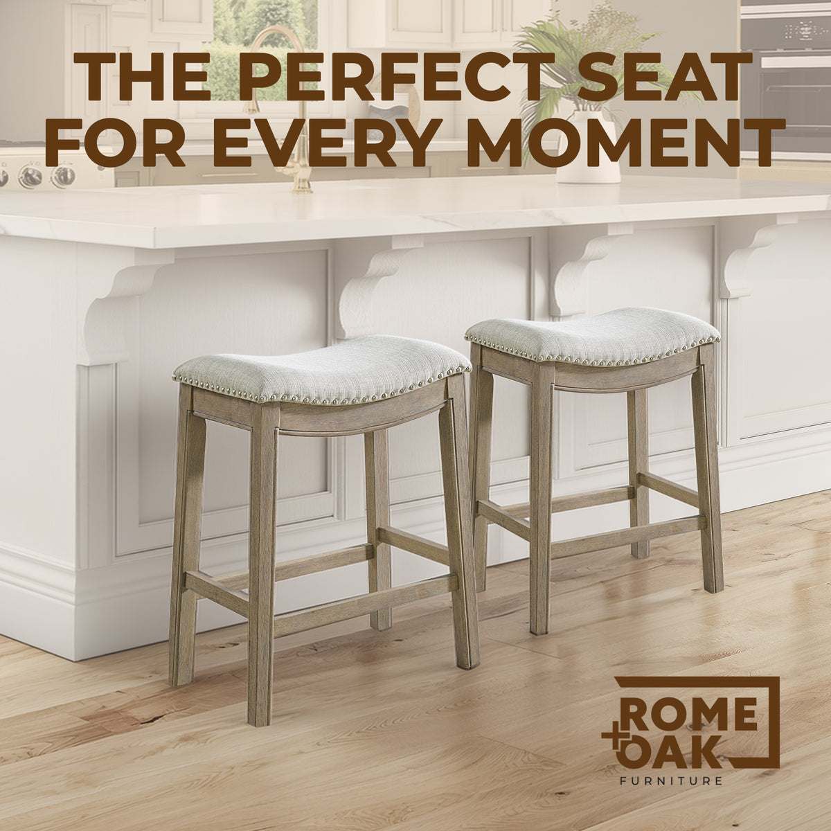 ROME + OAK Parker Backless Kitchen Counter Stool, Oak, Grey Upholstery, Set of 2