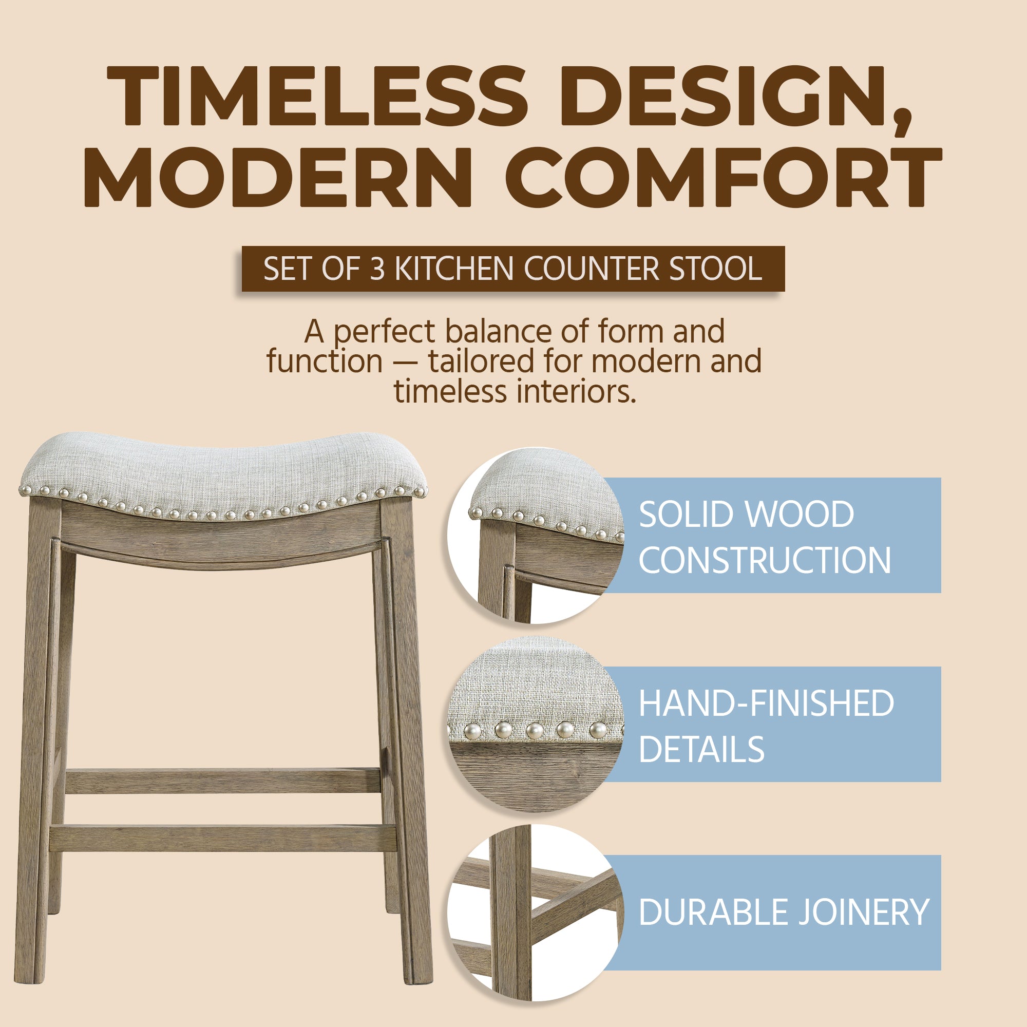 ROME + OAK Parker Backless Kitchen Counter Stool, Oak, Grey Upholstery, Set of 3