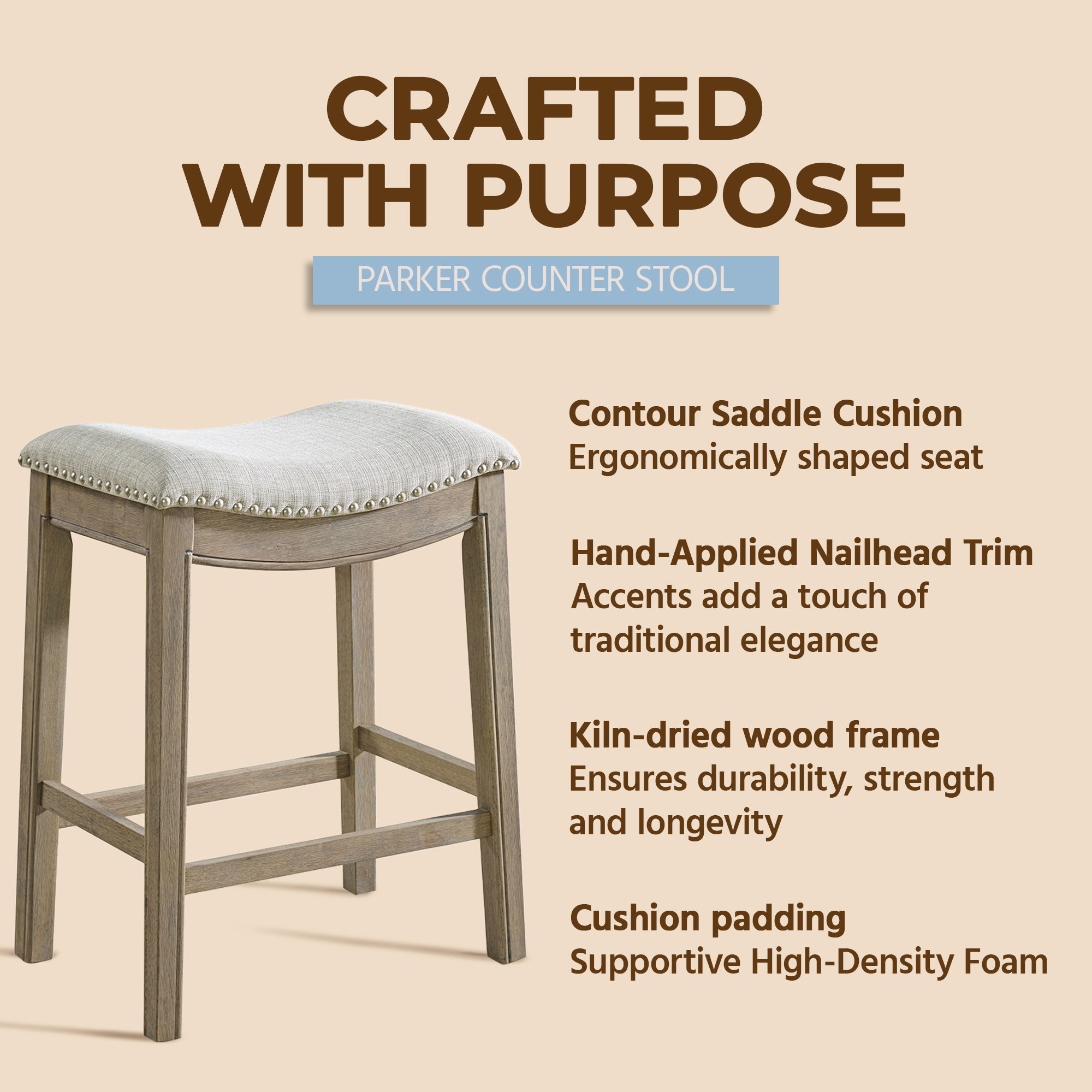 ROME + OAK Parker Backless Kitchen Counter Stool, Oak, Grey Upholstery, Set of 3