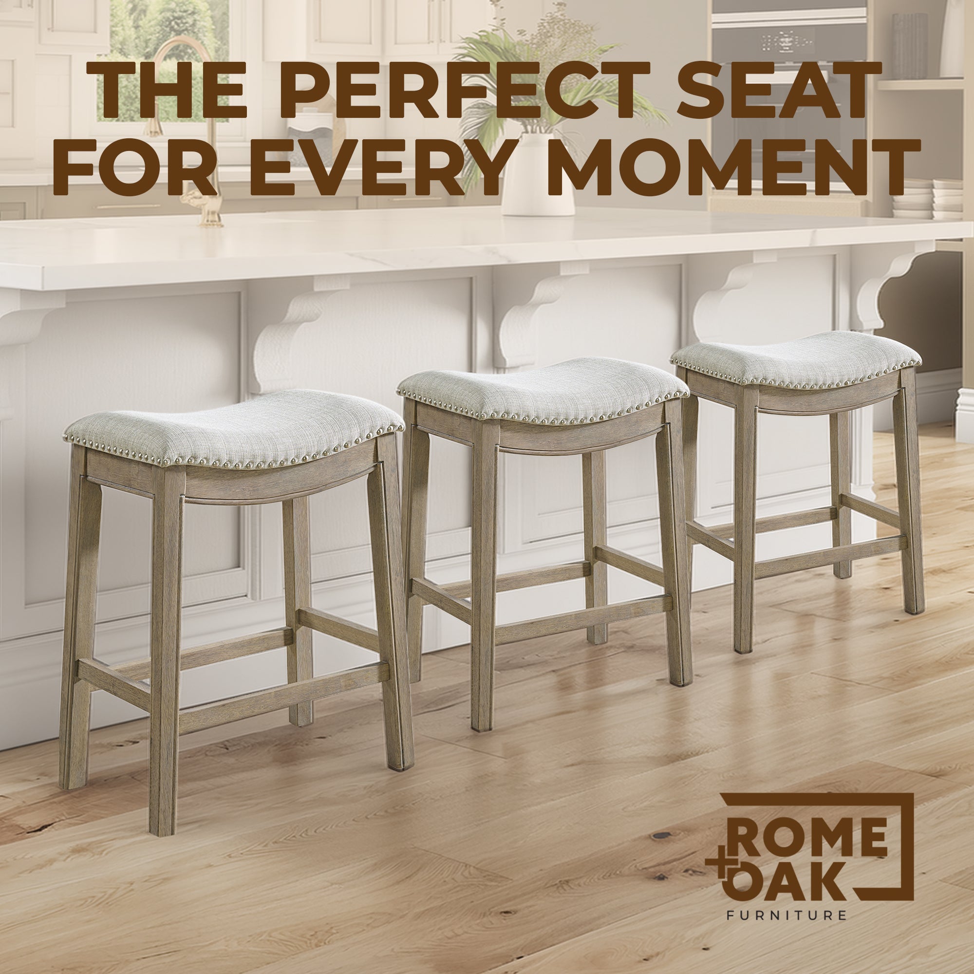 ROME + OAK Parker Backless Kitchen Counter Stool, Oak, Grey Upholstery, Set of 3