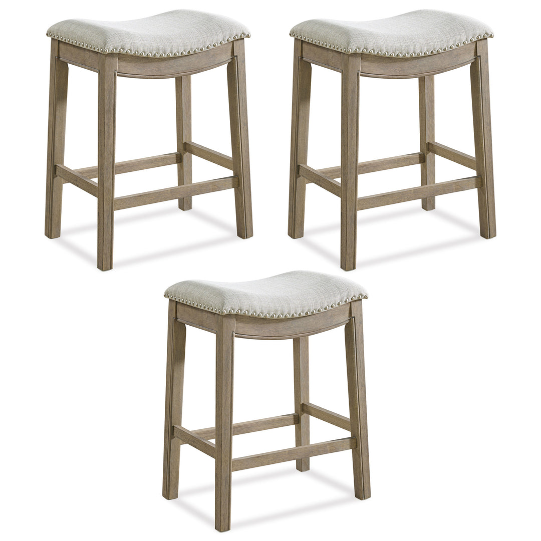 ROME + OAK Parker Backless Kitchen Counter Stool, Oak, Grey Upholstery, Set of 3
