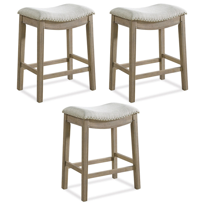 ROME + OAK Parker Backless Kitchen Counter Stool, Oak, Grey Upholstery, Set of 3