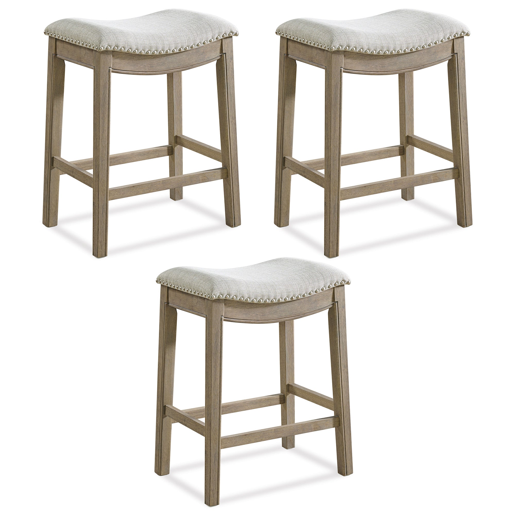 ROME + OAK Parker Backless Kitchen Counter Stool, Oak, Grey Upholstery, Set of 3