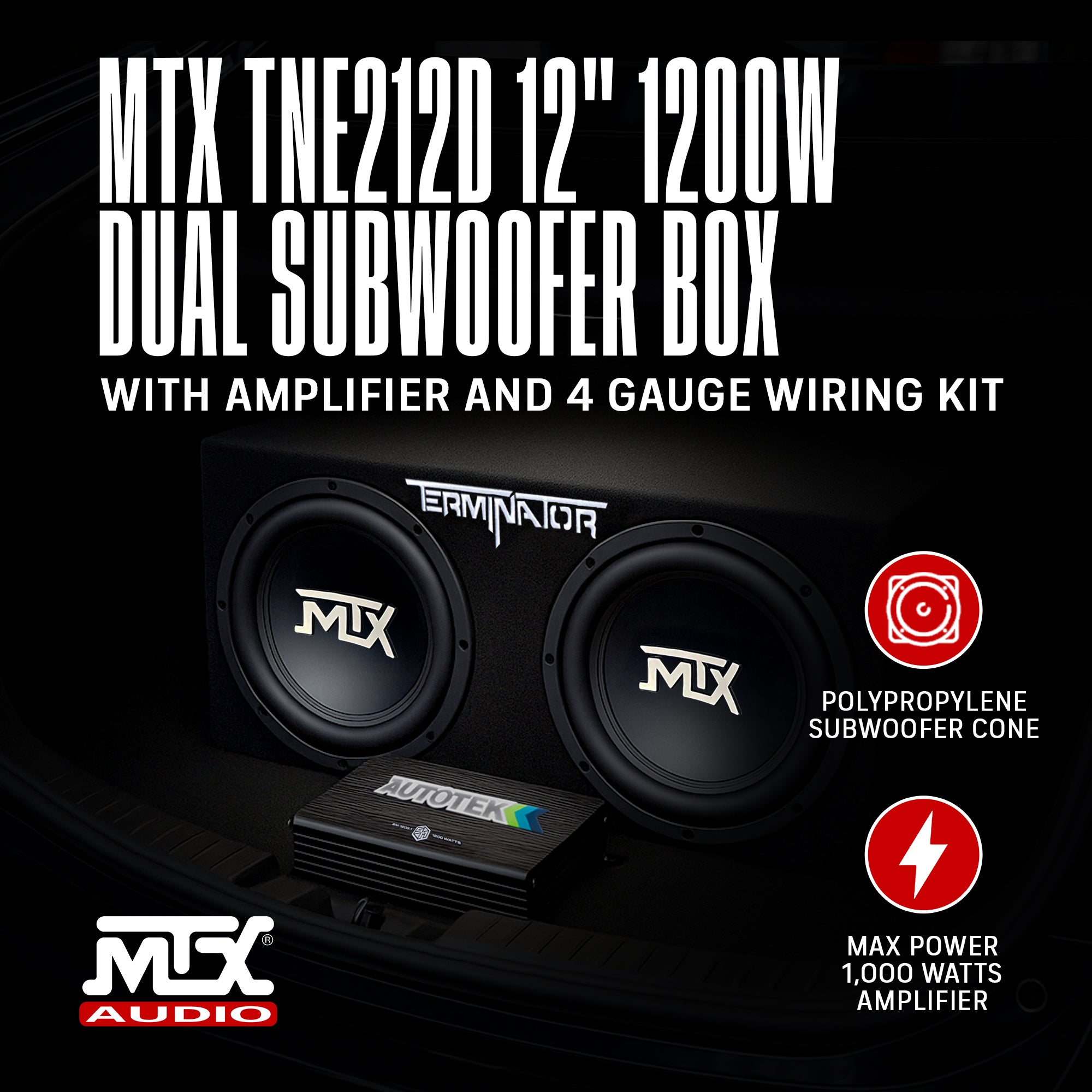 MTX TNE212D 12" 1200W Dual Loaded Car Subwoofer Package with 4 Gauge Wiring Kit - VMInnovations