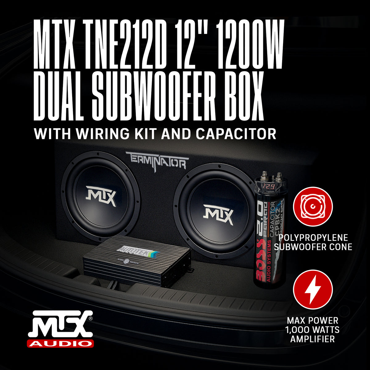MTX 12" 1200W Max Car Audio Dual Loaded Subwoofer Set with Car Audio Amplifier