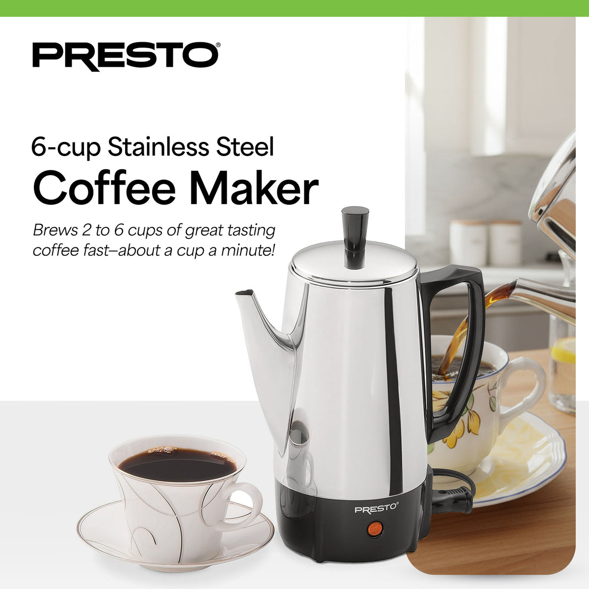 Presto Stainless Steel Coffee Maker, Classic Percolator, Easy Pour (Open Box)