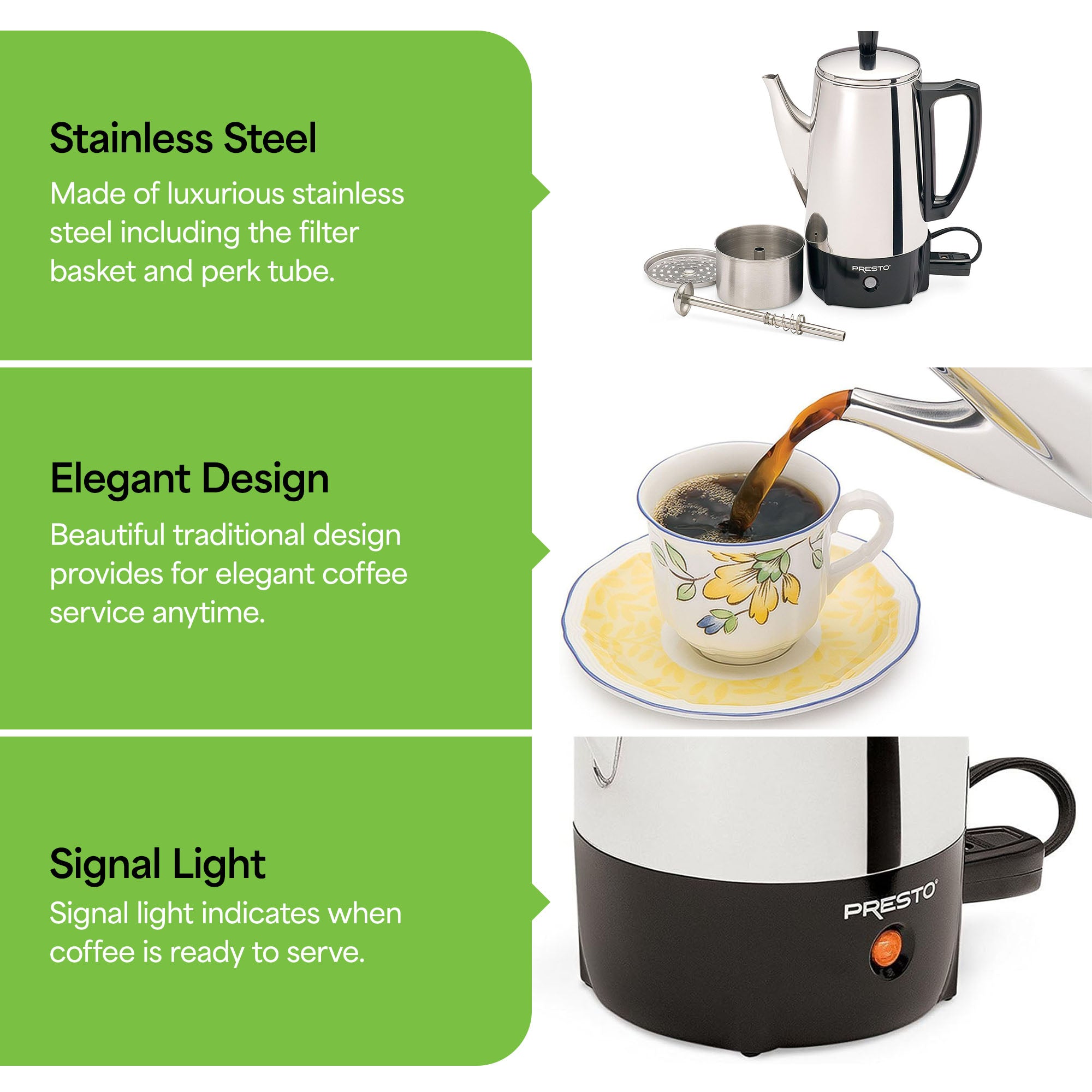 Presto Stainless Steel Coffee Maker, Classic Percolator, Easy Pour (Open Box)