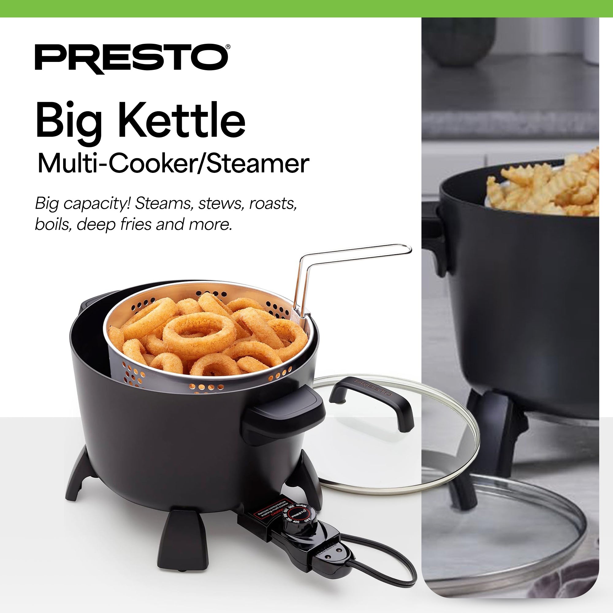 Presto Big Kettle Multi Cooker Steamer &Deep Fryer w/Glass Lid, Black (Open Box) - VMInnovations