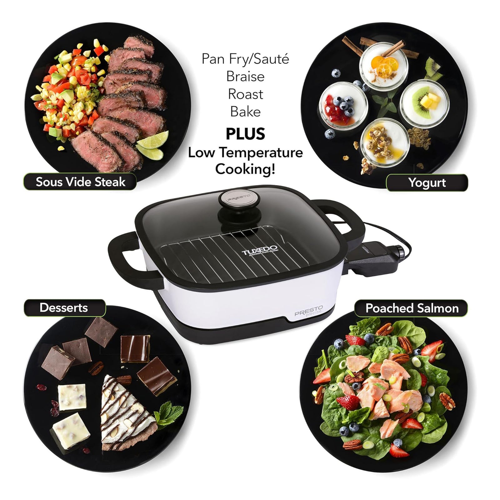 Presto 07118 Precise Tuxedo 12" Electric Skillet, Nonstick Multi-Cooker w/ Lid - VMInnovations