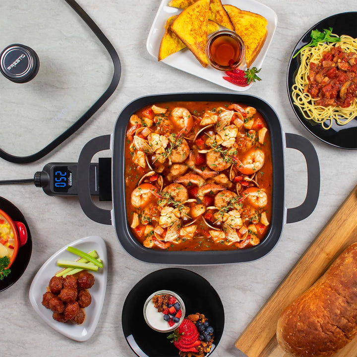 Presto 07118 Precise Tuxedo 12" Electric Skillet, Nonstick Multi-Cooker w/ Lid - VMInnovations