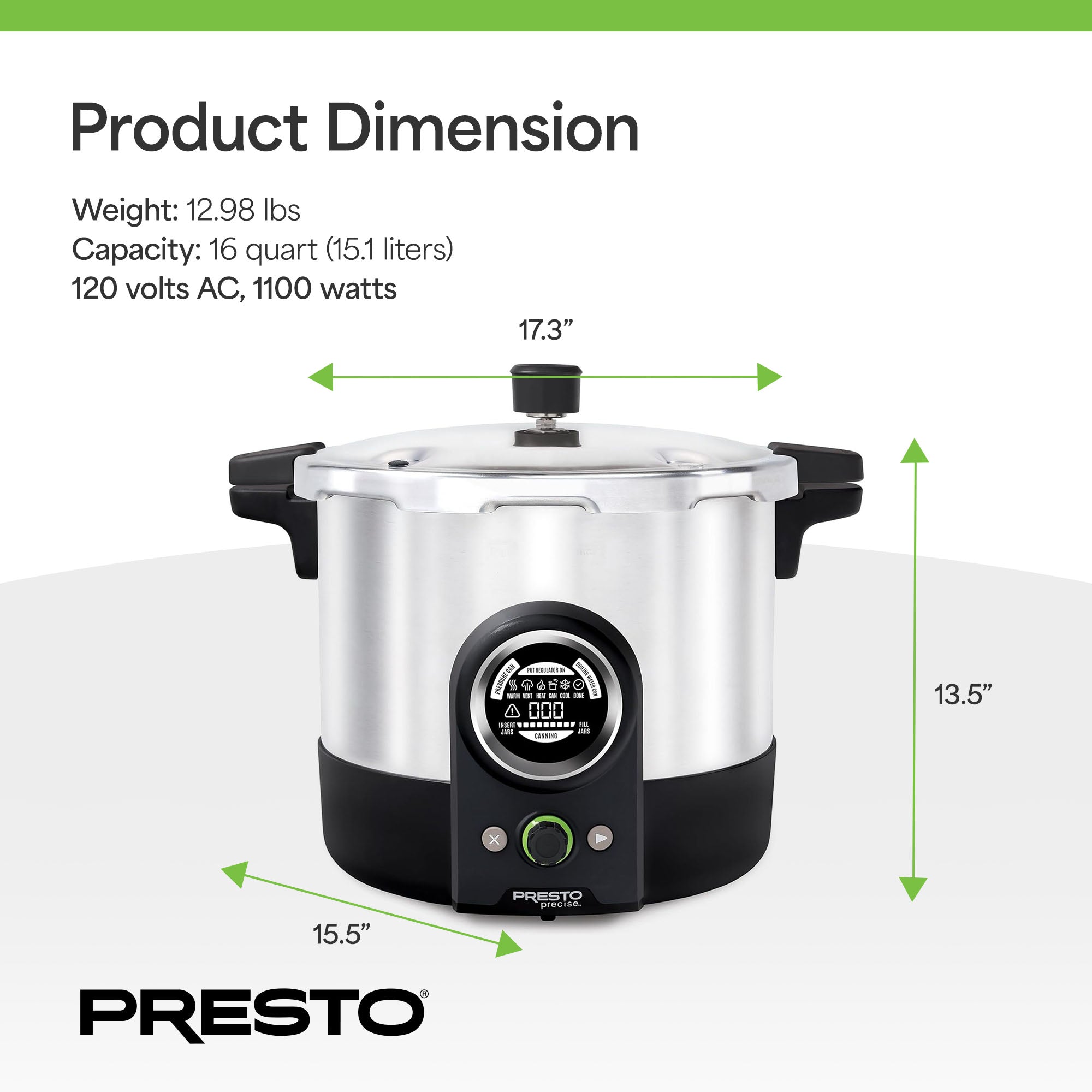 Presto 16 Quart Digital Pressure and Water Boiling Canner, LED Digital Display - VMInnovations