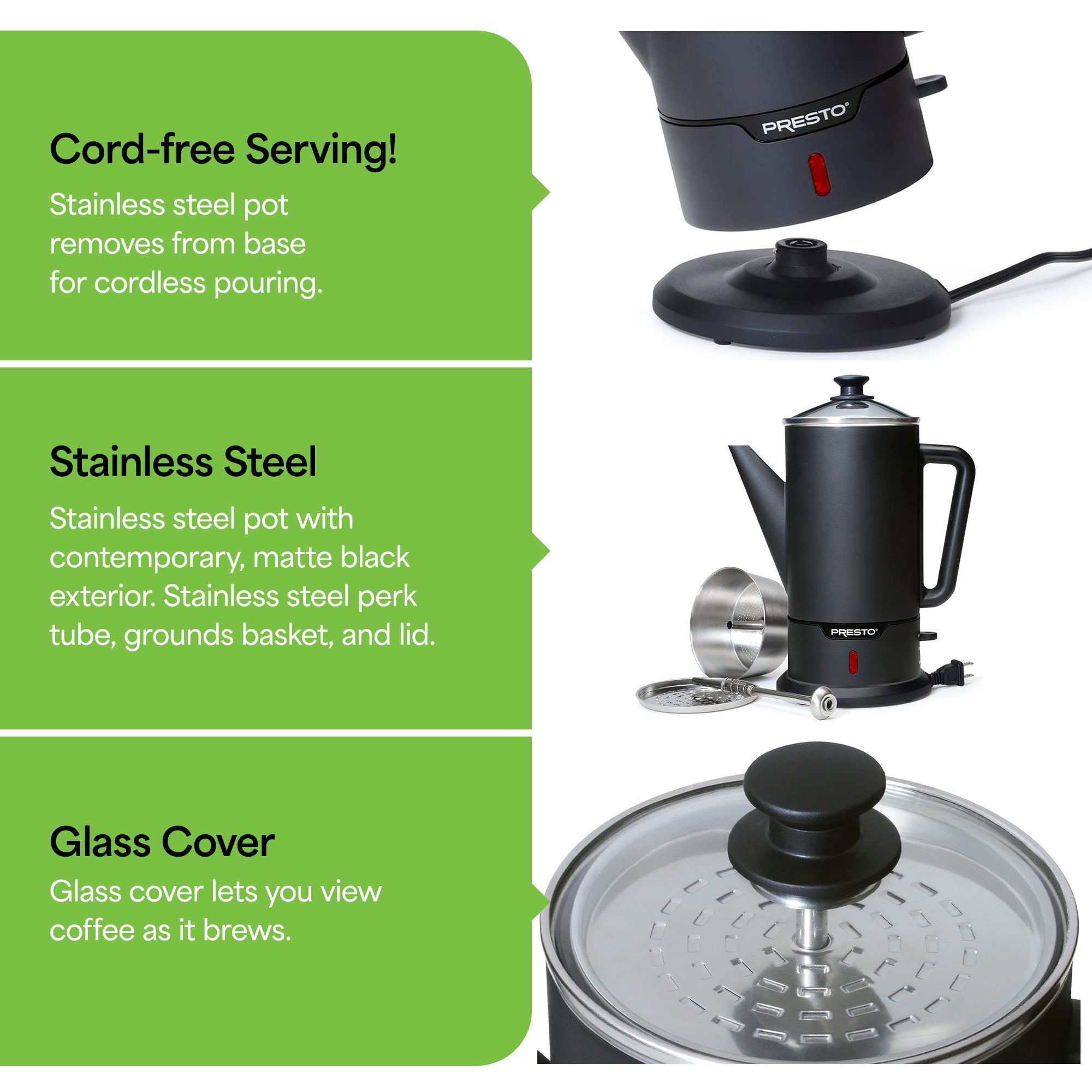 Presto Cordless Coffee Maker Stainless Steel Percolator, Easy Pour (Open Box)