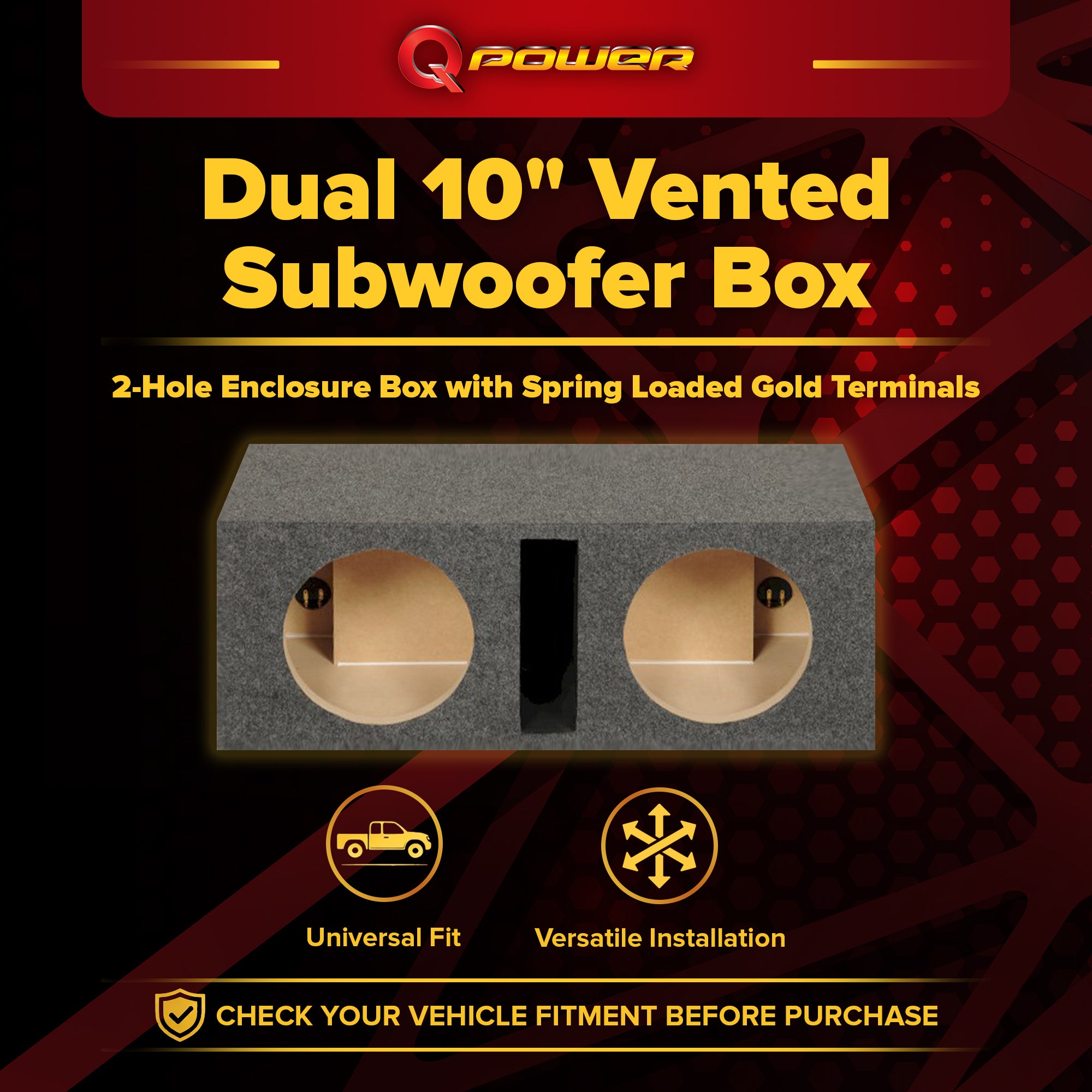 Q Power 2 Hole 10-Inch Vented Heavy Duty Subwoofer Enclosure, Charcoal Grey - VMInnovations