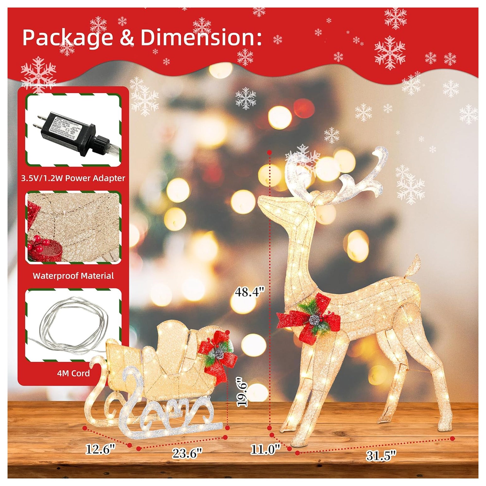 DL-win Christmas Reindeer and Sleigh Outdoor Lighted Decoration, Gold(Used) - VMInnovations