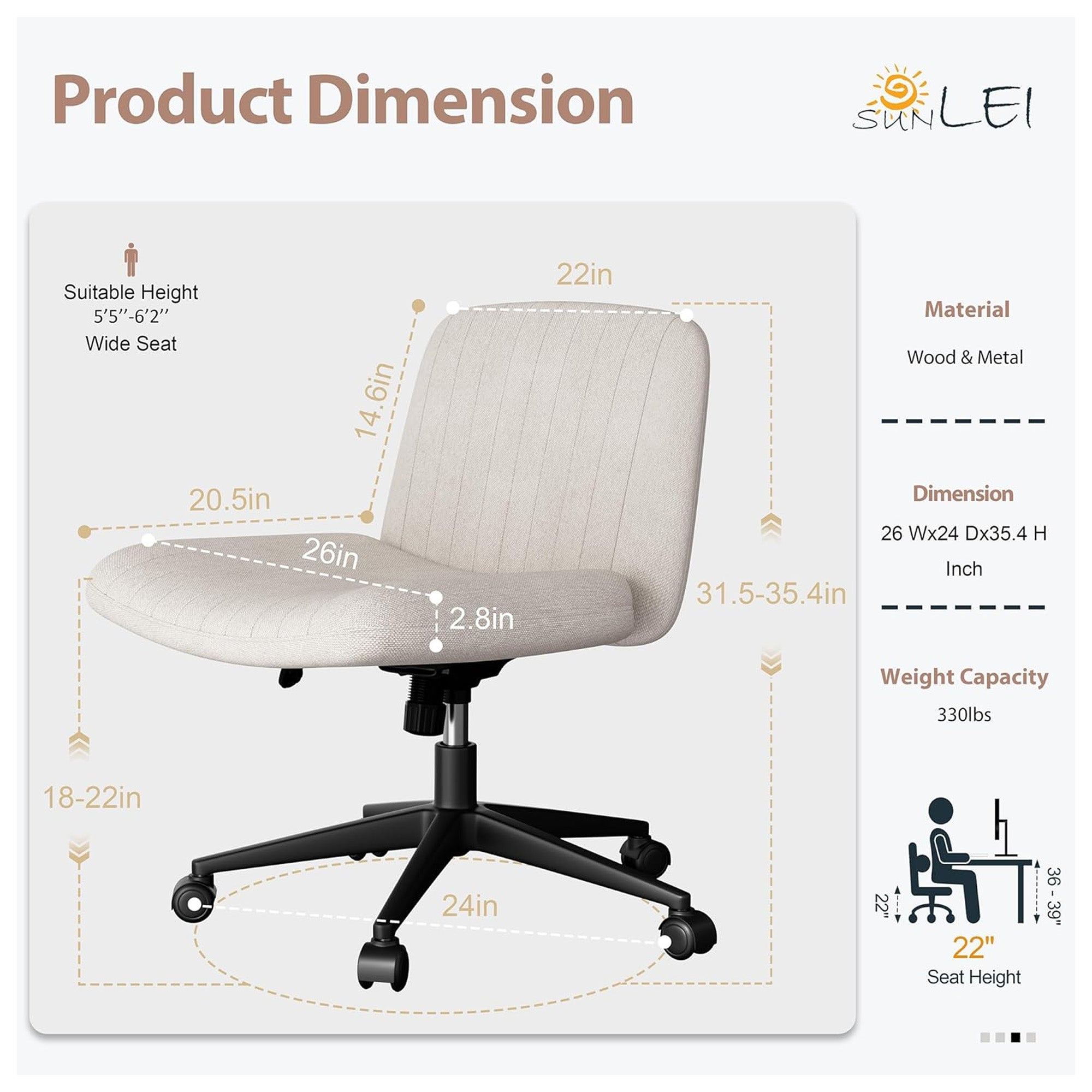 SUNLEI Office Chair with Wheels, Armless Wide Desk Chair, White(Open Box) - VMInnovations