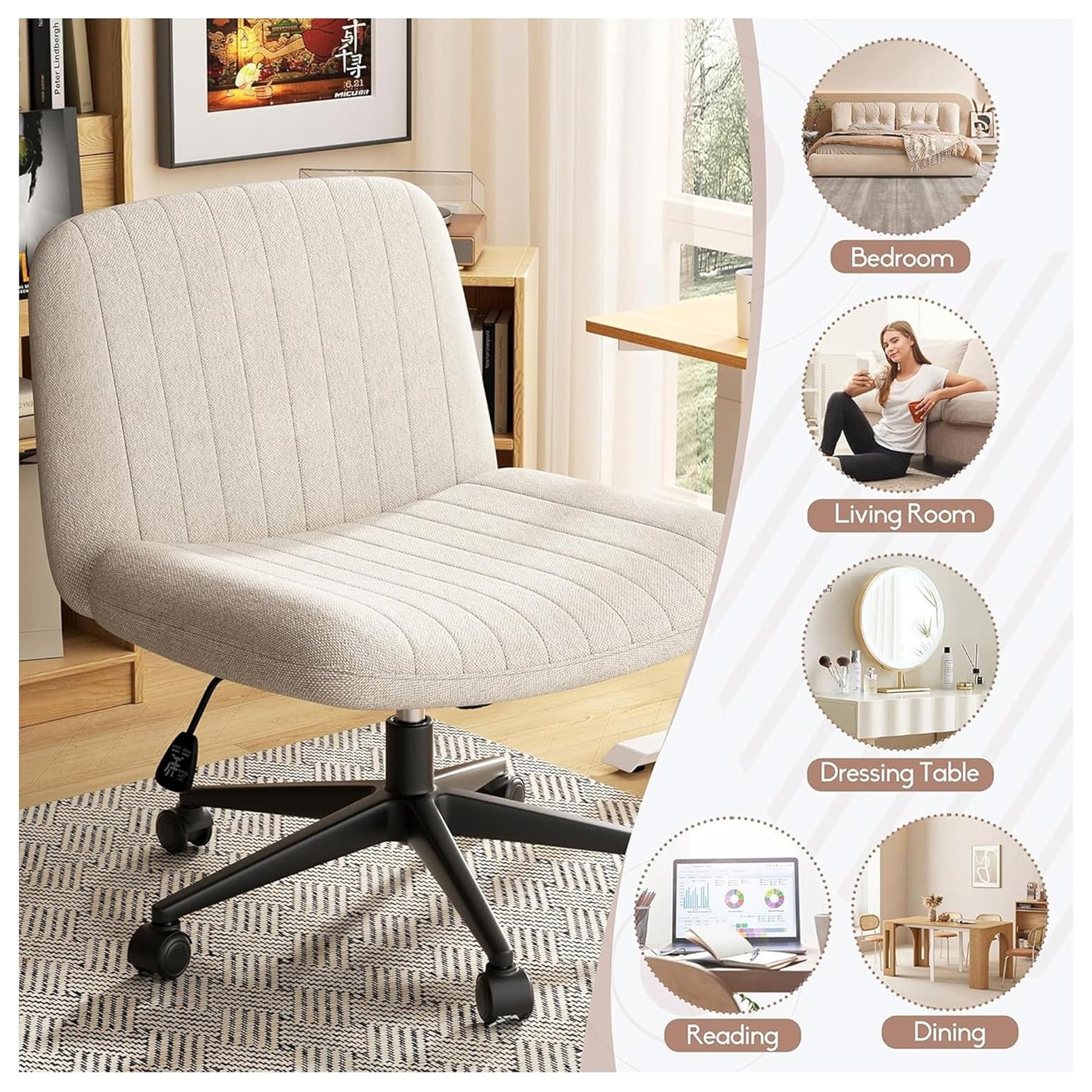 SUNLEI Office Chair with Wheels, Armless Wide Desk Chair, White(Open Box) - VMInnovations
