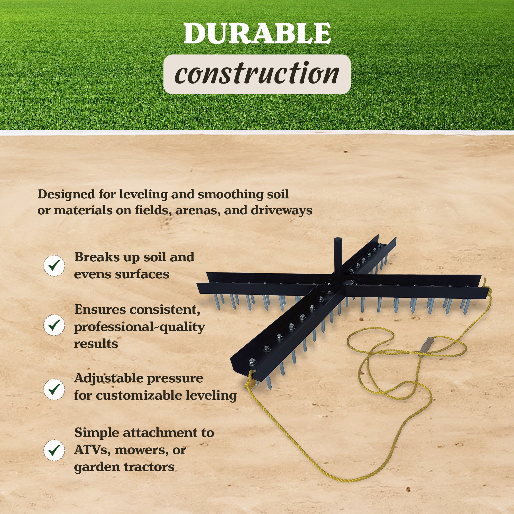 Yard Tuff Cross Drag Leveling Tool, 60 Steel Spikes for Fields and Arenas, Black - VMInnovations