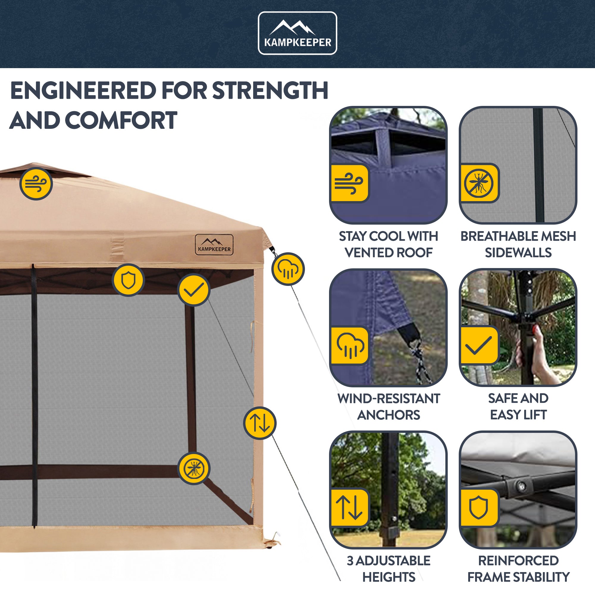 KAMPKEEPER 10x10 Pop Up Canopy w/Netting, Outdoor Sun Shade, Khaki (Open Box)