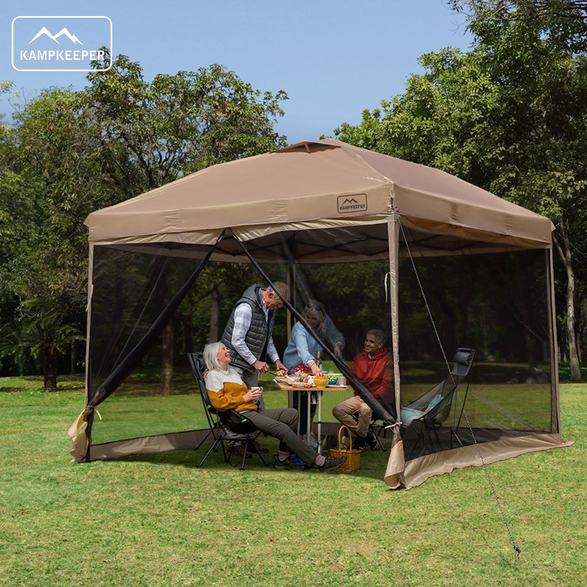 KAMPKEEPER 10x10 Pop Up Canopy w/Netting, Outdoor Sun Shade, Khaki (Open Box)
