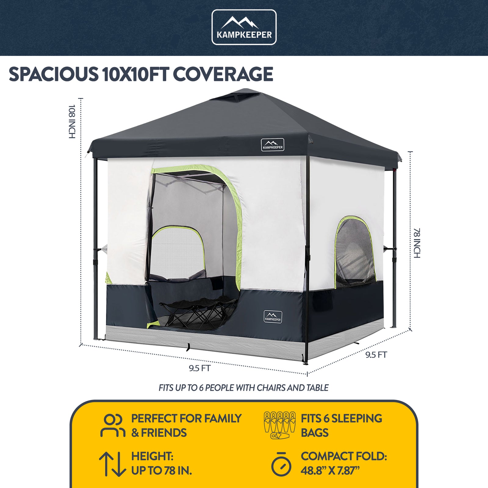 KAMPKEEPER 10x10 Pop Up Canopy with Camping Inner Tent, Fits 6 Person, Black - VMInnovations