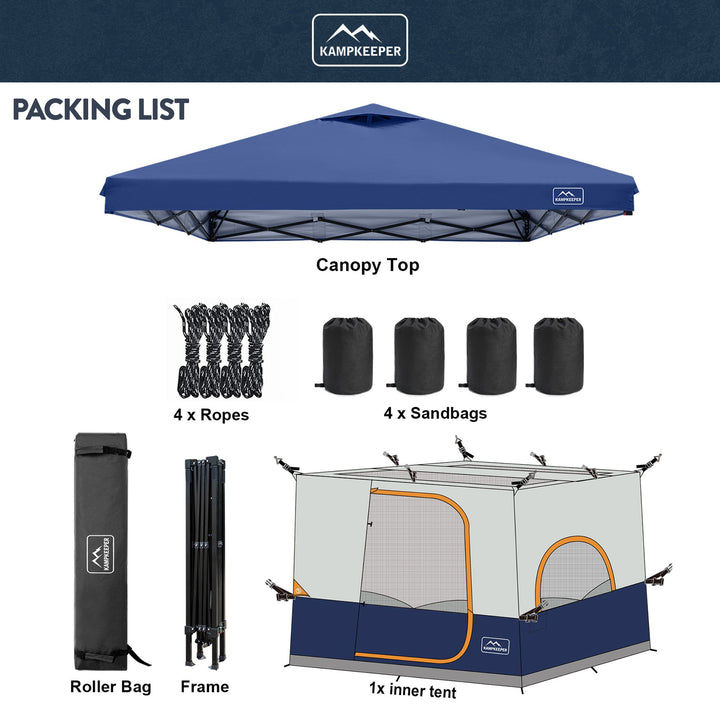 KAMPKEEPER 10x10 Pop Up Canopy with Camping Inner Tent, Fits 6 Person, Navy Blue - VMInnovations