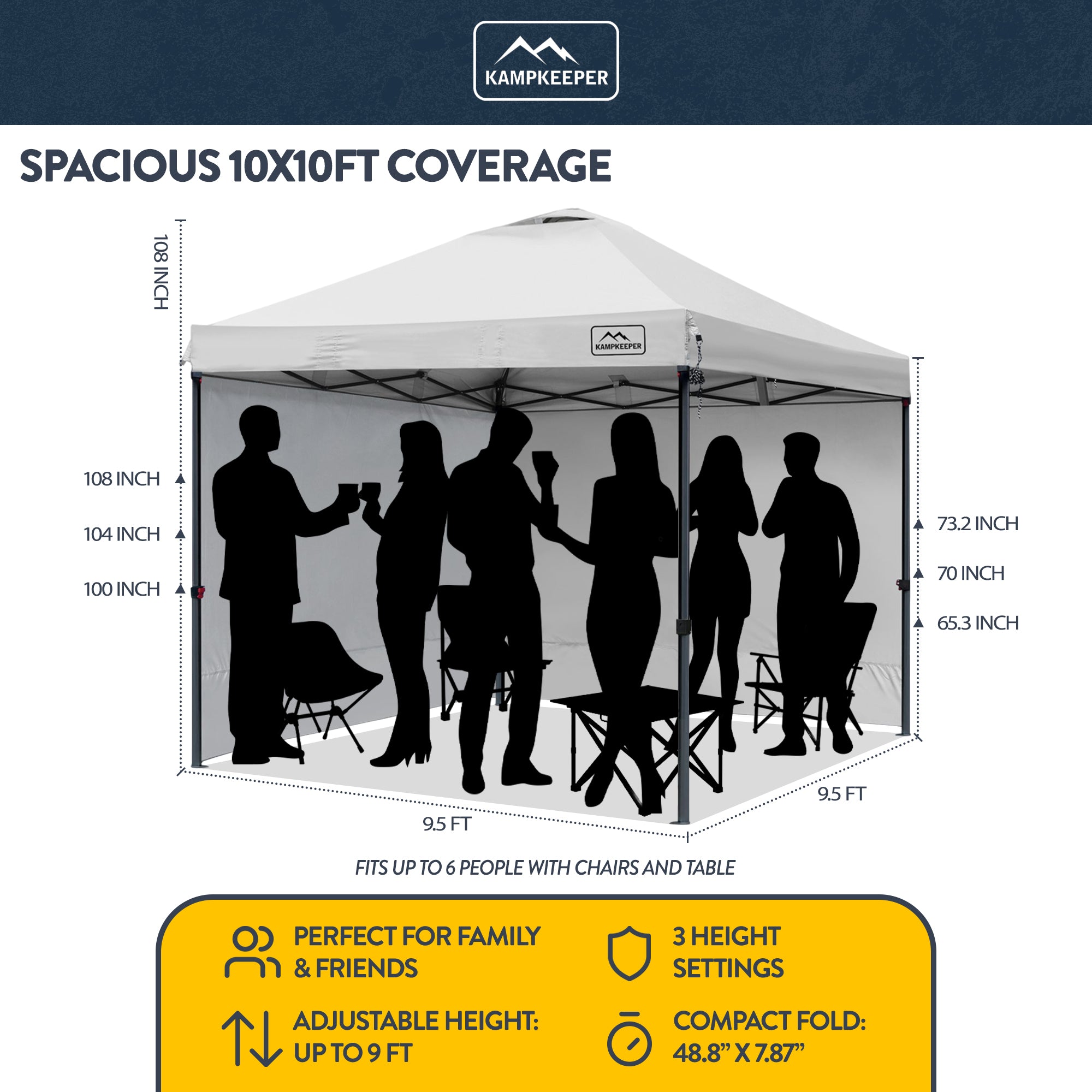 KAMPKEEPER 10x10 Pop Up Canopy Tent with 2 Sidewalls for Outdoor Use, White