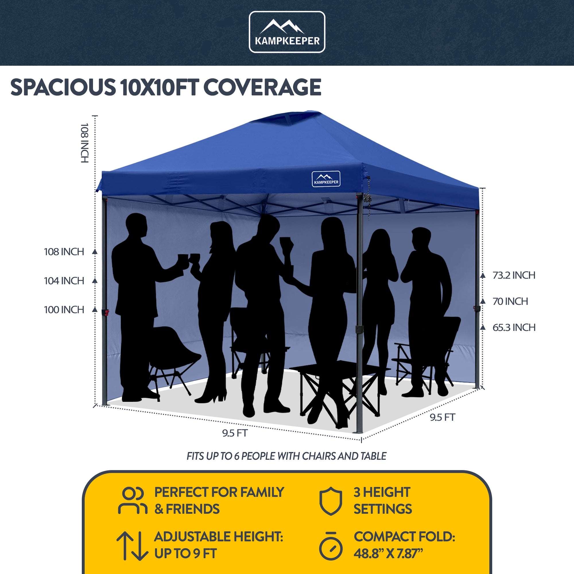 KAMPKEEPER 10x10 Pop Up Canopy Tent with 2 Sidewalls for Outdoor Use, Navy Blue