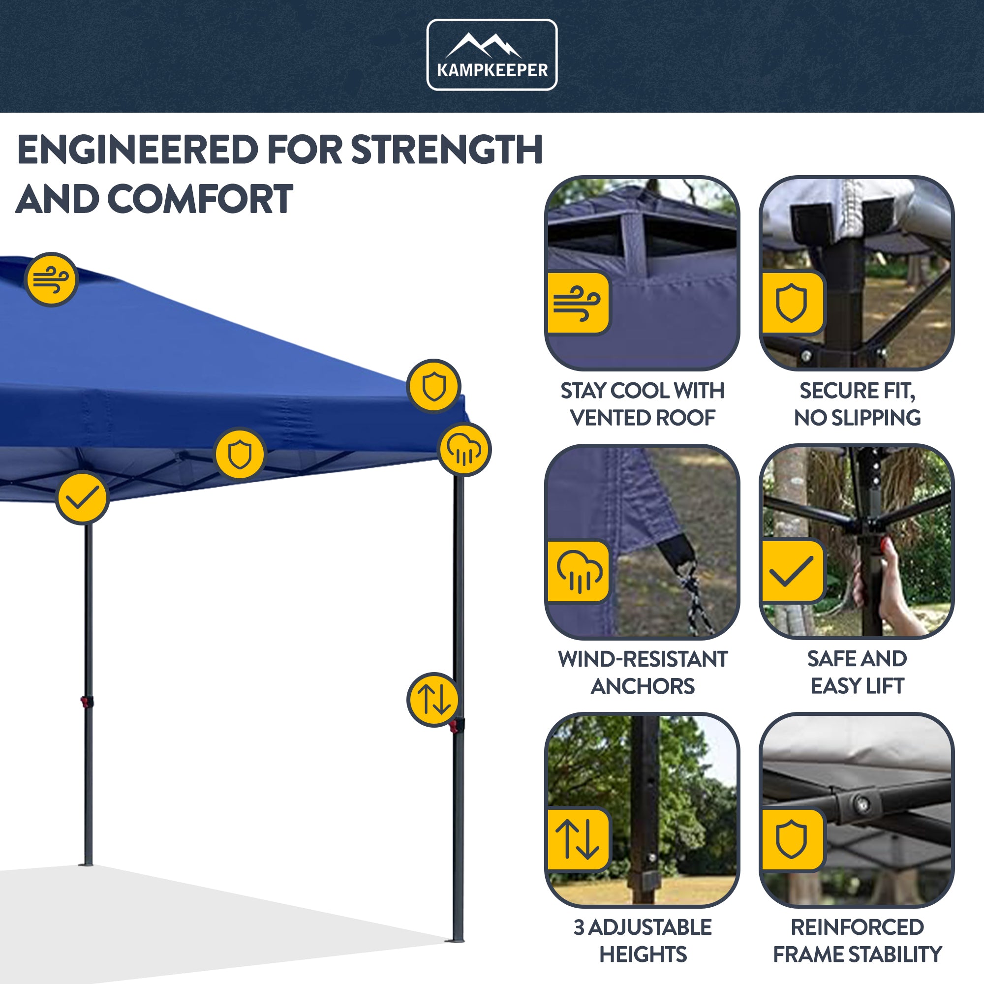 KAMPKEEPER 10x10 Pop Up Canopy Tent with 2 Sidewalls, Navy Blue (Used)