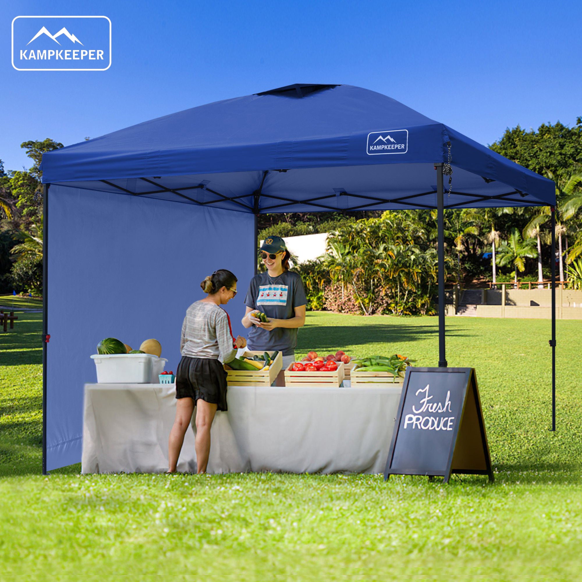 KAMPKEEPER 10x10 Pop Up Canopy Tent with 2 Sidewalls, Navy Blue (Used)